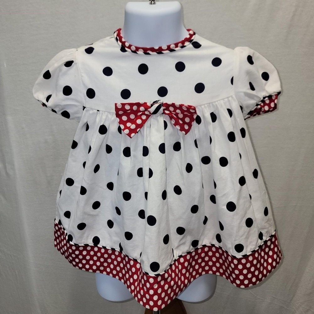 Vintage Allison Ann Infant Baby Girls 90s Dress Size 12 Month.  Navy White Polka